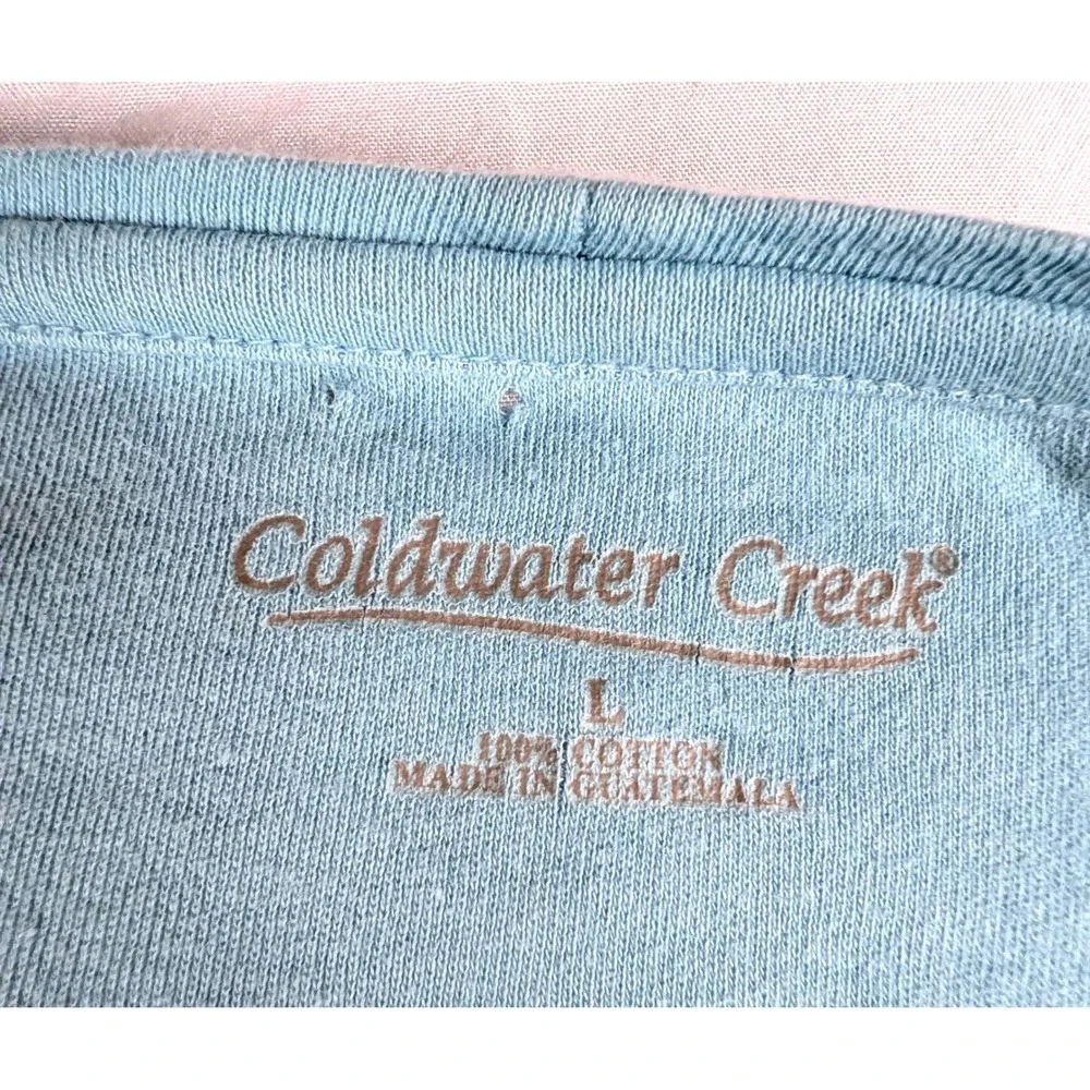 Coldwater Creek Womens L Light Blue Cotton Boat Neck 3/4 Sleeve Top Arm Pocket